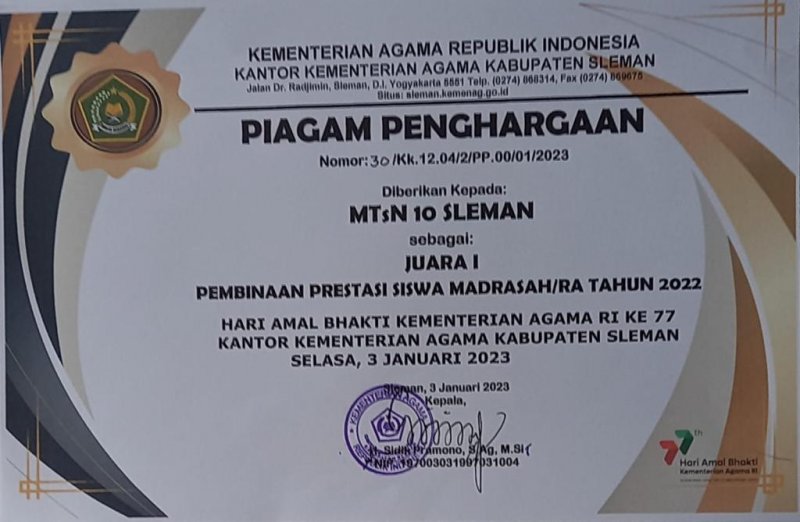 MTsN 10 Sleman Raih Juara 1 Pembinaan Prestasi Siswa Madrasah 2022  Kankemenag Sleman